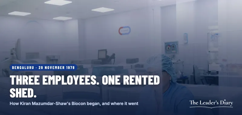 Cover card: three employees, one rented shed, how Kiran Mazumdar-Shaw's Biocon began, over a photo of a laboratory