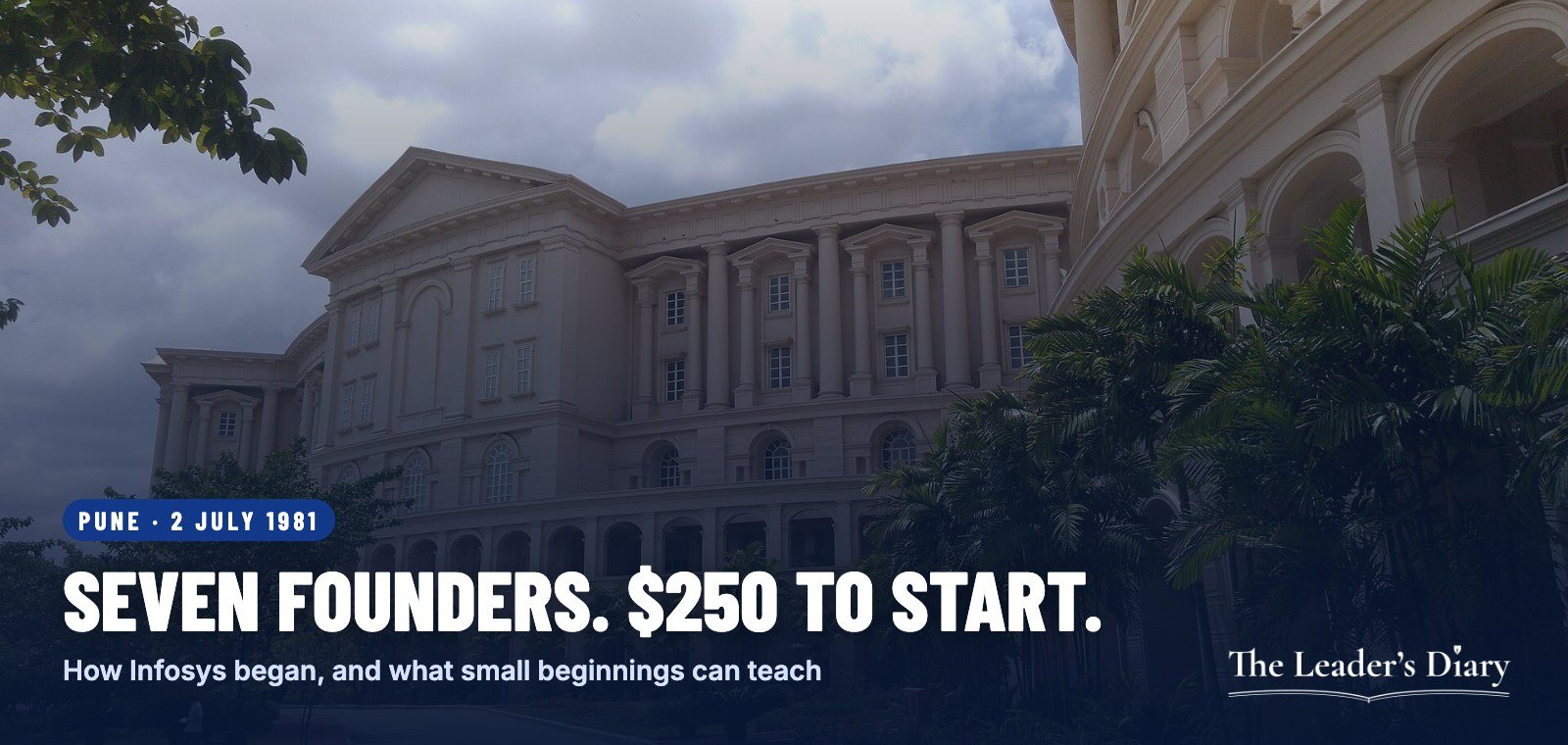 Cover card: seven founders, $250 to start, how Infosys began, over a photo of the Infosys campus in Mysore