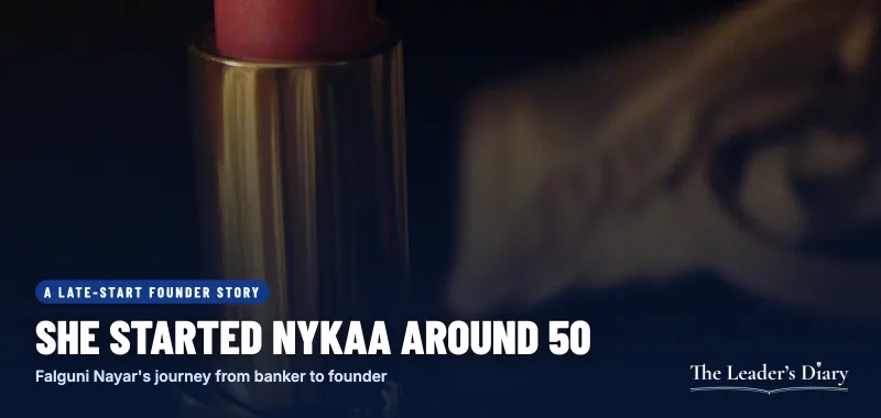 Cover card: she started Nykaa around 50, Falguni Nayar's journey from banker to founder, over a photo of a lipstick