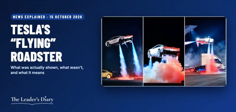 Three photos of Tesla's new Roadster rising on blue thruster jets and clouds of smoke at the 15 October 2026 event, on a Leaders Diary news card