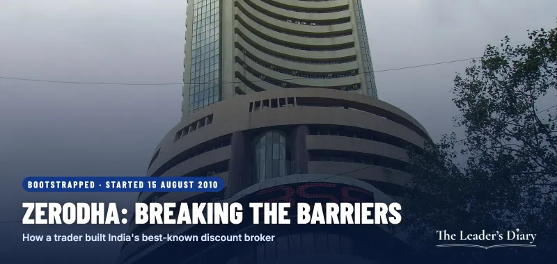 Cover card: Zerodha, breaking the barriers, how a trader built India's best-known discount broker, over a photo of the Bombay Stock Exchange building